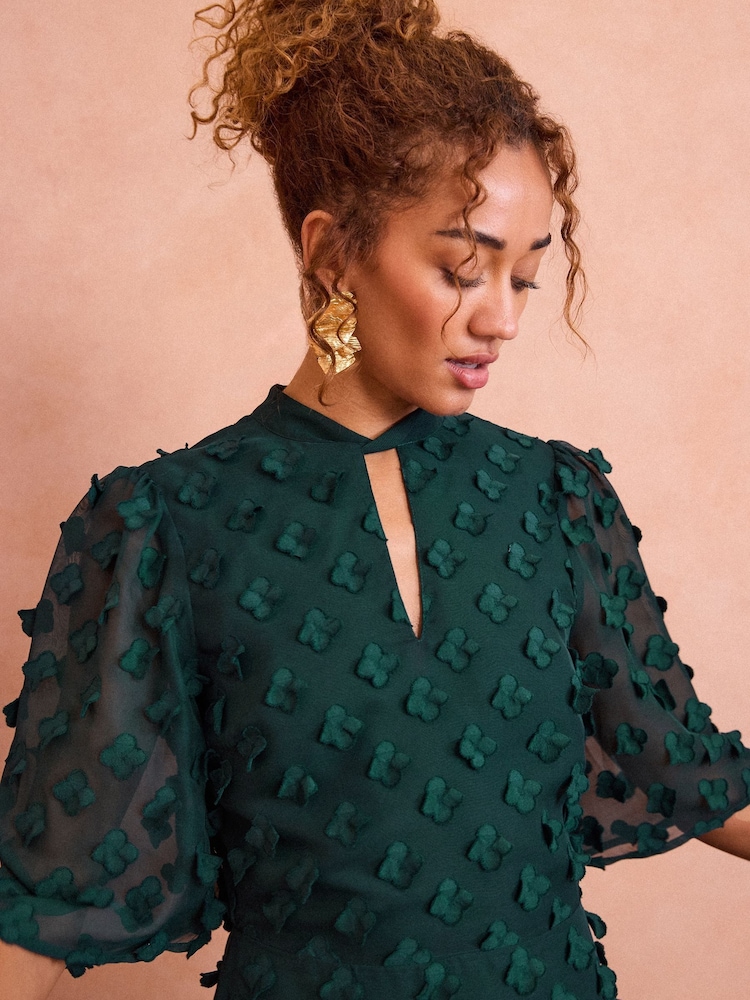Love & Roses Green 3D Floral Angel Sleeve Mini Dress - Image 2 of 4