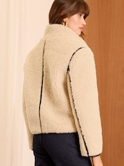 Love & Roses Cream Borg Short Funnel Neck Coat - Image 4 of 4