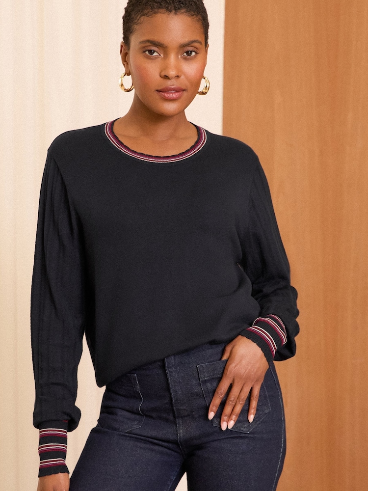 Love & Roses Navy Rainbow Stripe Fine Gauge Crew Neck Knitted Jumper - Image 1 of 4