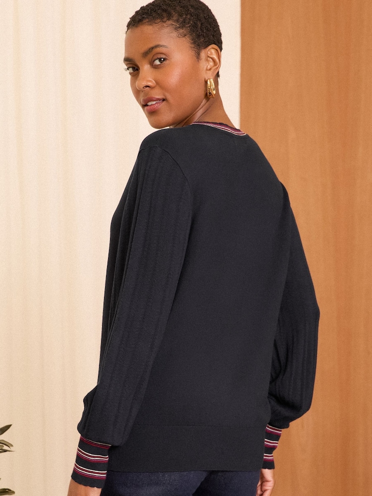 Love & Roses Navy Rainbow Stripe Fine Gauge Crew Neck Knitted Jumper - Image 4 of 4 Love & Roses Navy Rainbow Stripe Fine Gauge Crew Neck Knitted Jumper - Image 4 of 4