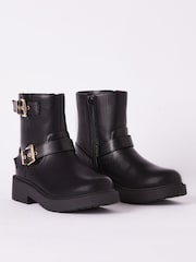 Lipsy Black Buckle Biker Faux Leather Flat Ankle Boots - Image 1 of 4