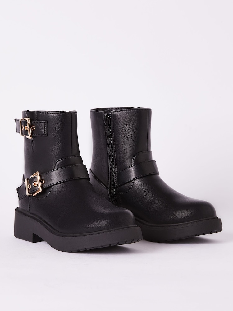 Lipsy Black Buckle Biker Faux Leather Flat Ankle Boots - Image 1 of 4