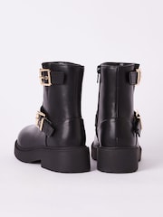 Lipsy Black Buckle Biker Faux Leather Flat Ankle Boots - Image 2 of 4