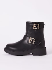 Lipsy Black Buckle Biker Faux Leather Flat Ankle Boots - Image 3 of 4