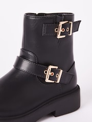 Lipsy Black Buckle Biker Faux Leather Flat Ankle Boots - Image 4 of 4