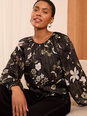 Love & Roses Black Floral Metallic Detail Crew Neck Long Sleeve Blouse - Image 1 of 4