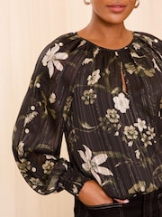 Love & Roses Black Floral Metallic Detail Crew Neck Long Sleeve Blouse - Image 2 of 4