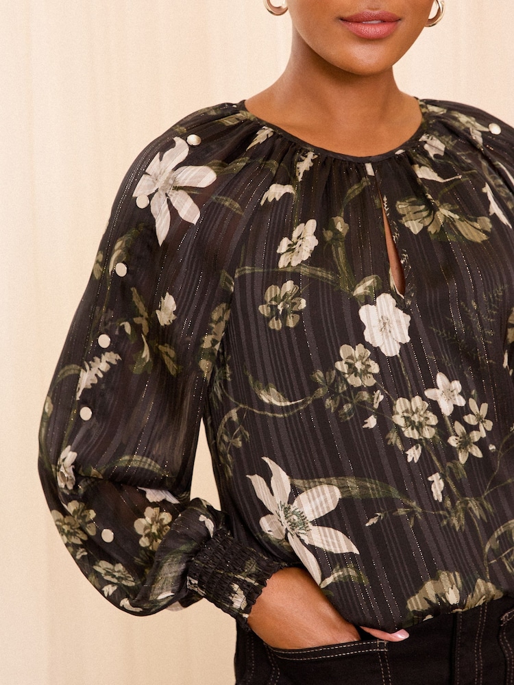 Love & Roses Black Floral Metallic Detail Crew Neck Long Sleeve Blouse - Image 2 of 4