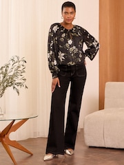 Love & Roses Black Floral Metallic Detail Crew Neck Long Sleeve Blouse - Image 3 of 4