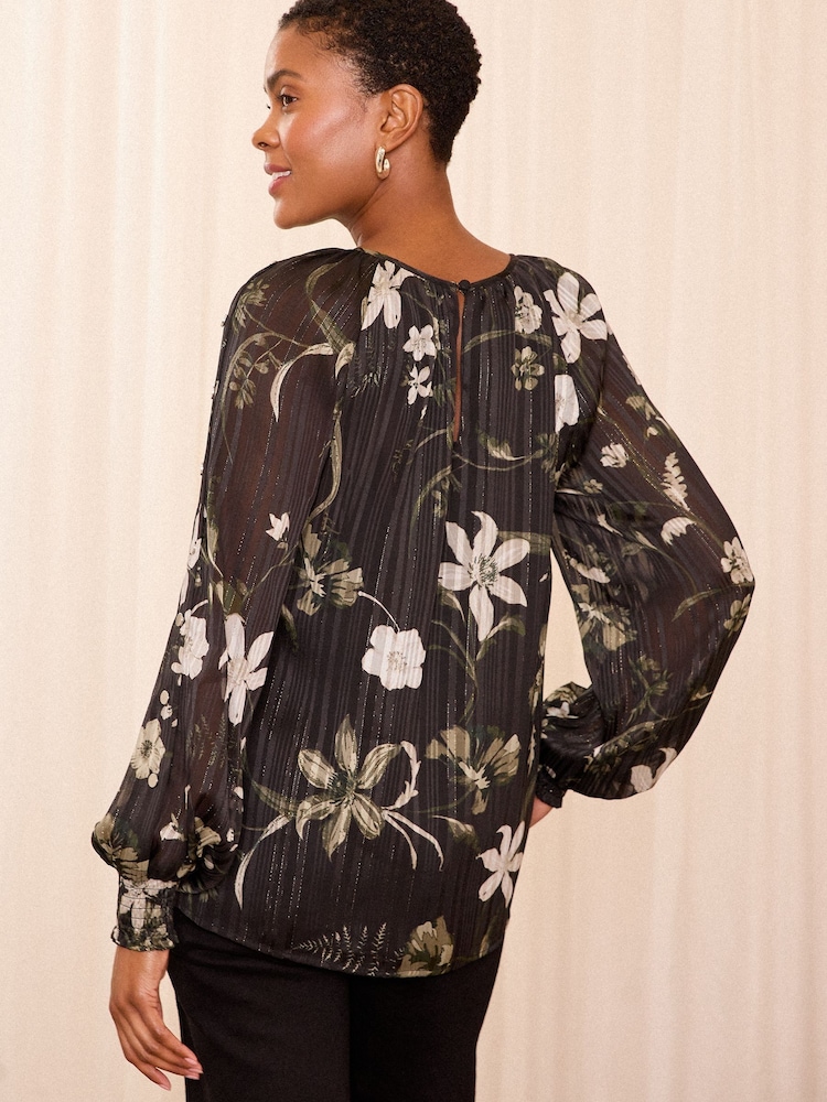 Love & Roses Black Floral Metallic Detail Crew Neck Long Sleeve Blouse - Image 4 of 4