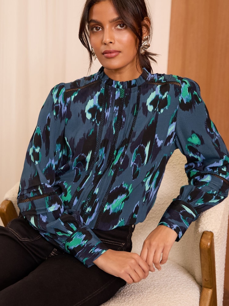 Love & Roses Blue Animal Petite Pintuck Detail Crew Neck Long Sleeve Blouse - Image 1 of 4 Love & Roses Blue Animal Petite Pintuck Detail Crew Neck Long Sleeve Blouse - Image 1 of 4
