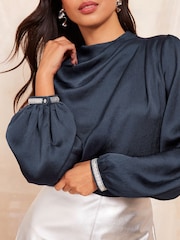 Friends Like These Navy Long Sleeve Satin Drape Blouse - Image 2 of 4