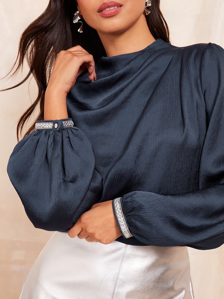 Friends Like These Navy Long Sleeve Satin Drape Blouse - Image 2 of 4 Friends Like These Navy Long Sleeve Satin Drape Blouse - Image 2 of 4
