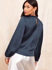 Friends Like These Navy Long Sleeve Satin Drape Blouse - Image 4 of 4