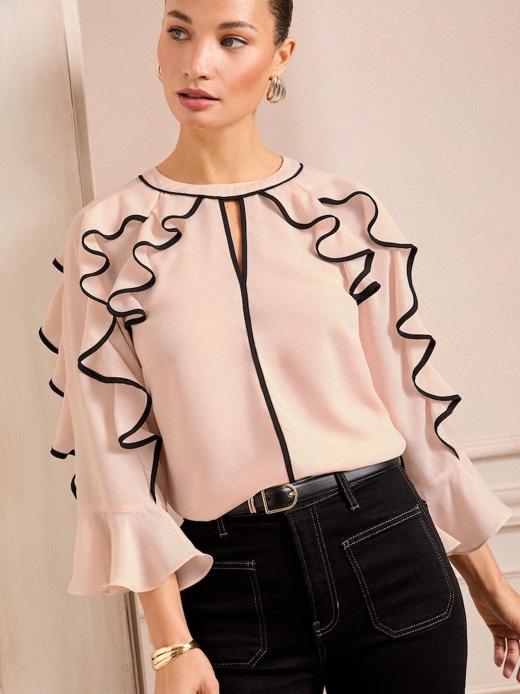 Love & Roses Pink Tipped Ruffle 3/4 Length Sleeve Blouse - Image 1 of 4
