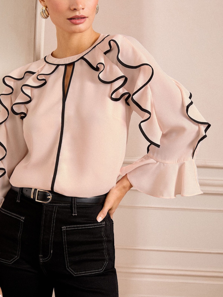 Love & Roses Pink Tipped Ruffle 3/4 Length Sleeve Blouse - Image 2 of 4