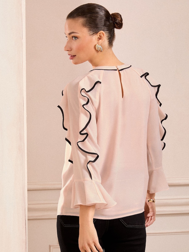 Love & Roses Pink Tipped Ruffle 3/4 Length Sleeve Blouse - Image 4 of 4
