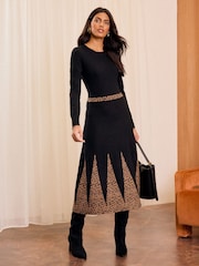 Love & Roses Black Petite Chevron Long Sleeve Knitted Midi Dress - Image 1 of 4