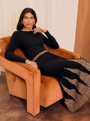 Love & Roses Black Petite Chevron Long Sleeve Knitted Midi Dress - Image 2 of 4