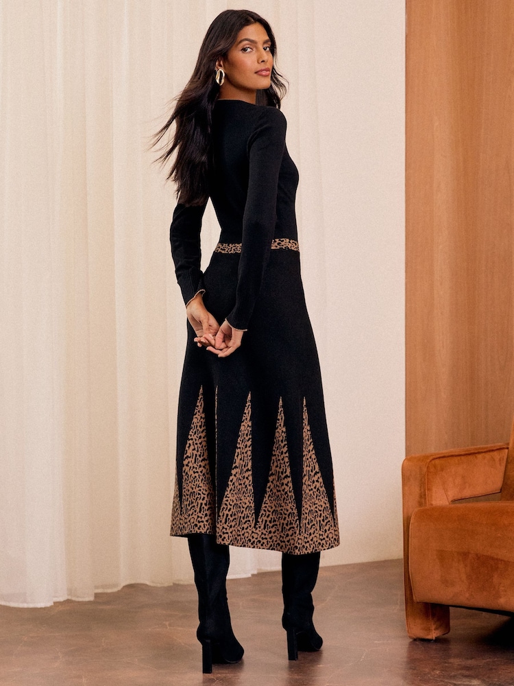 Love & Roses Black Petite Chevron Long Sleeve Knitted Midi Dress - Image 4 of 4