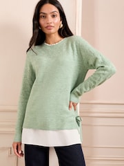 Love & Roses Green 2 in 1 Shirt Bobble Stitch Knitted Jumper - Image 1 of 4