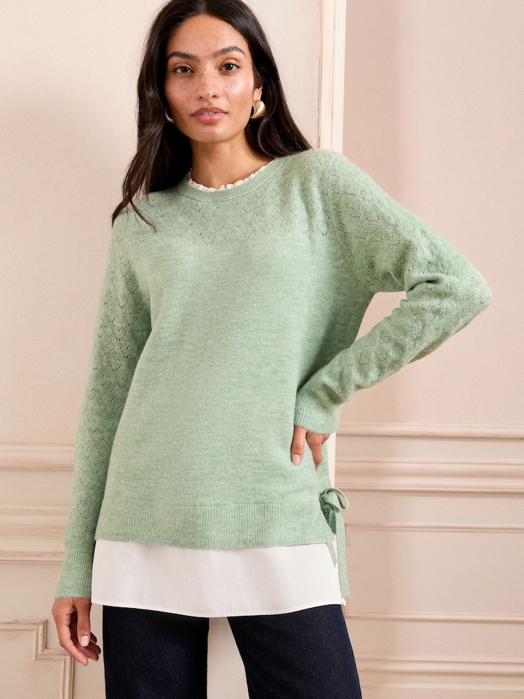 Love & Roses Green 2 in 1 Shirt Bobble Stitch Knitted Jumper - Image 1 of 4