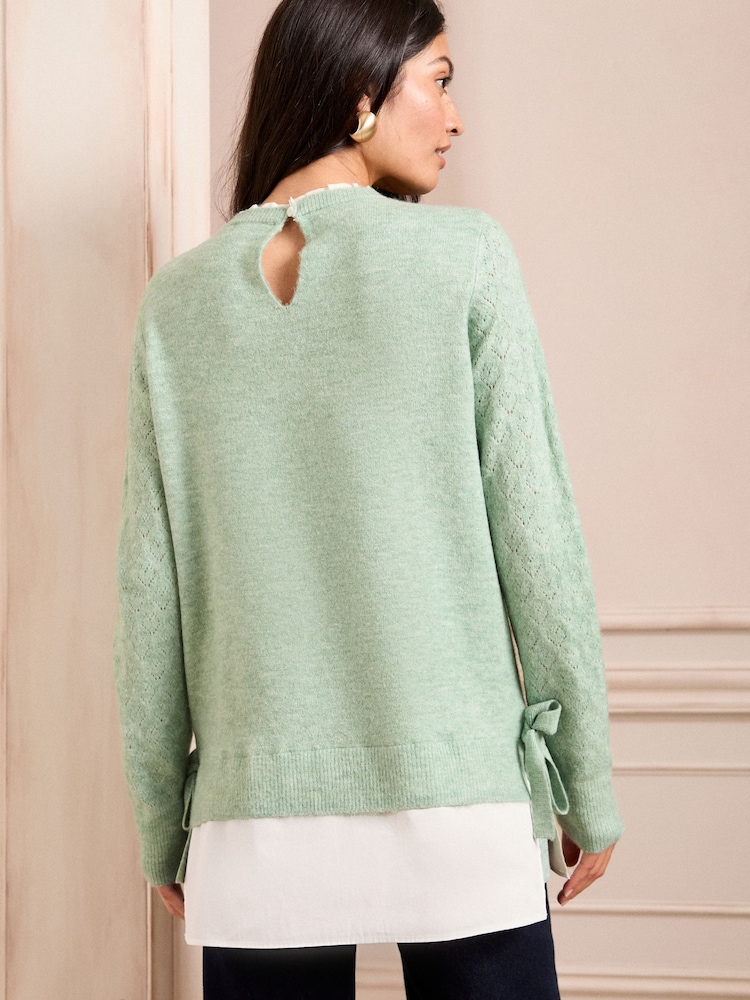 Love & Roses Green 2 in 1 Shirt Bobble Stitch Knitted Jumper - Image 4 of 4