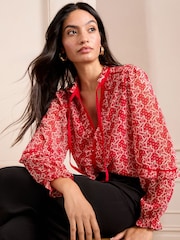 Love & Roses Red Bow Printed Tie Neck Detail Long Sleeve Blouse - Image 1 of 4