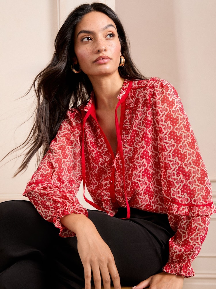 Love & Roses Red Bow Printed Tie Neck Detail Long Sleeve Blouse - Image 1 of 4