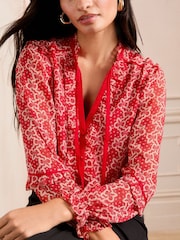 Love & Roses Red Bow Printed Tie Neck Detail Long Sleeve Blouse - Image 2 of 4