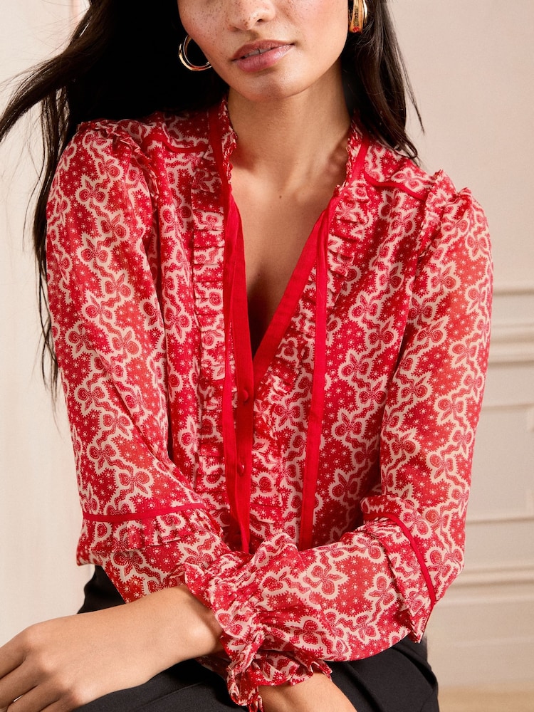 Love & Roses Red Bow Printed Tie Neck Detail Long Sleeve Blouse - Image 2 of 4