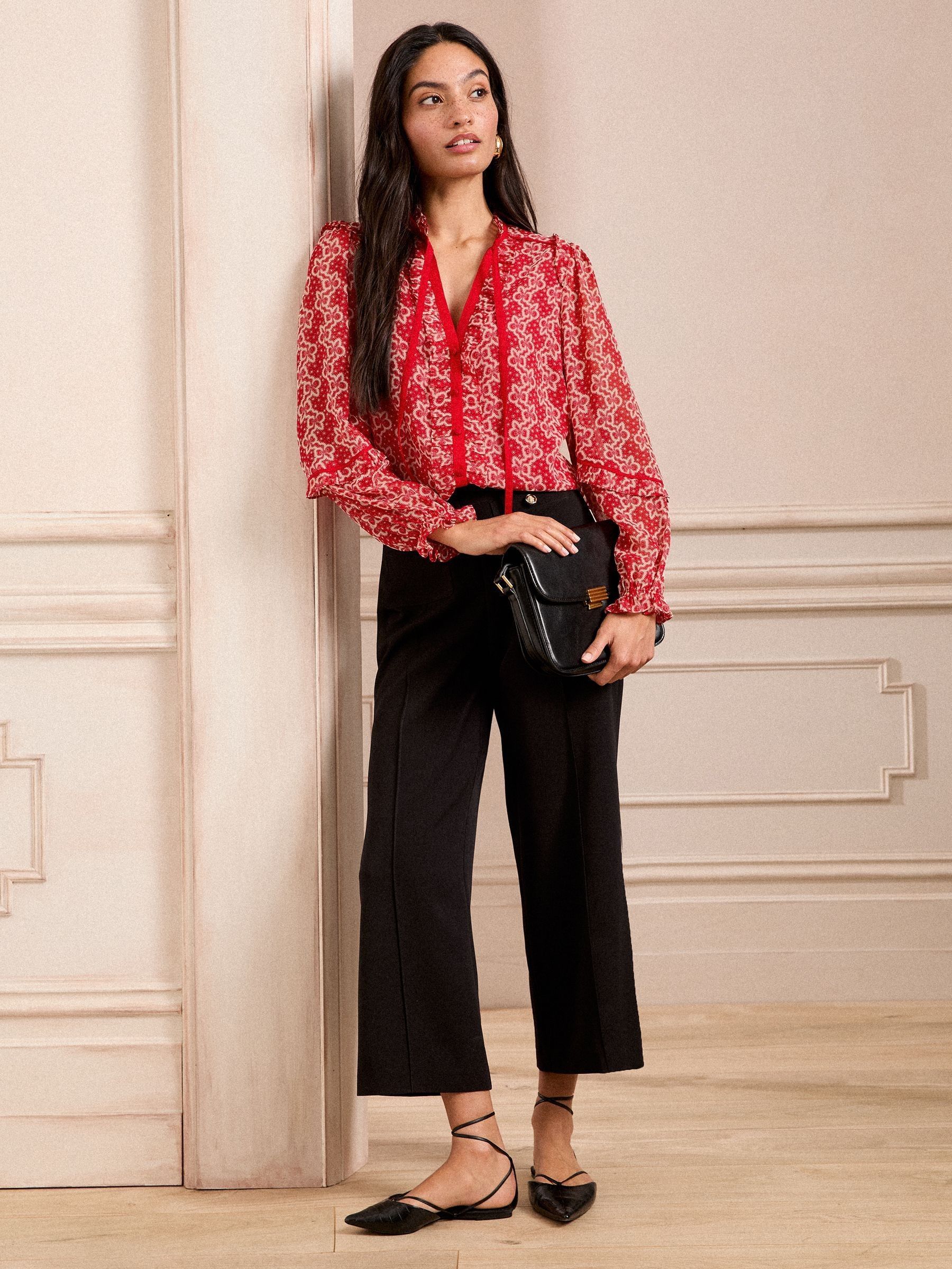 Buy Love & Roses Red Bow Printed Tie Neck Detail Long Sleeve