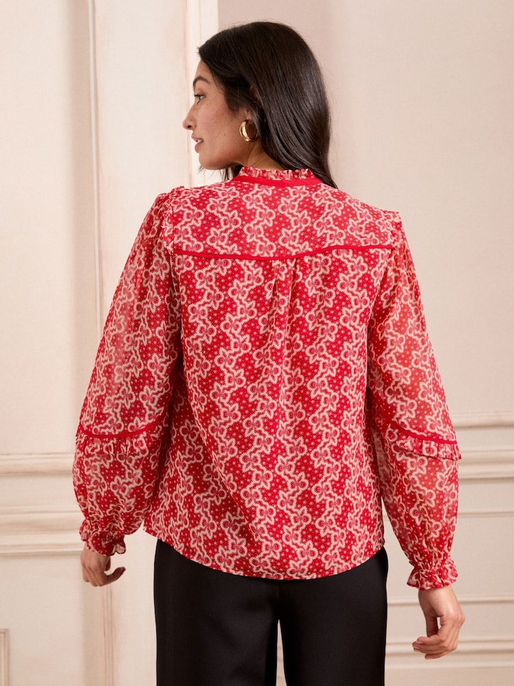 Love & Roses Red Bow Printed Tie Neck Detail Long Sleeve Blouse - Image 4 of 4