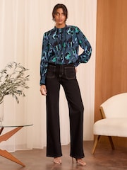 Love & Roses Blue Animal Ruffle Neck Pintuck Detail Long Sleeve Blouse - Image 3 of 4