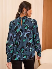 Love & Roses Blue Animal Ruffle Neck Pintuck Detail Long Sleeve Blouse - Image 4 of 4
