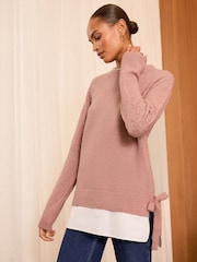 Love & Roses Pink 2 in 1 Shirt Bobble Stitch Knitted Jumper - Image 1 of 4