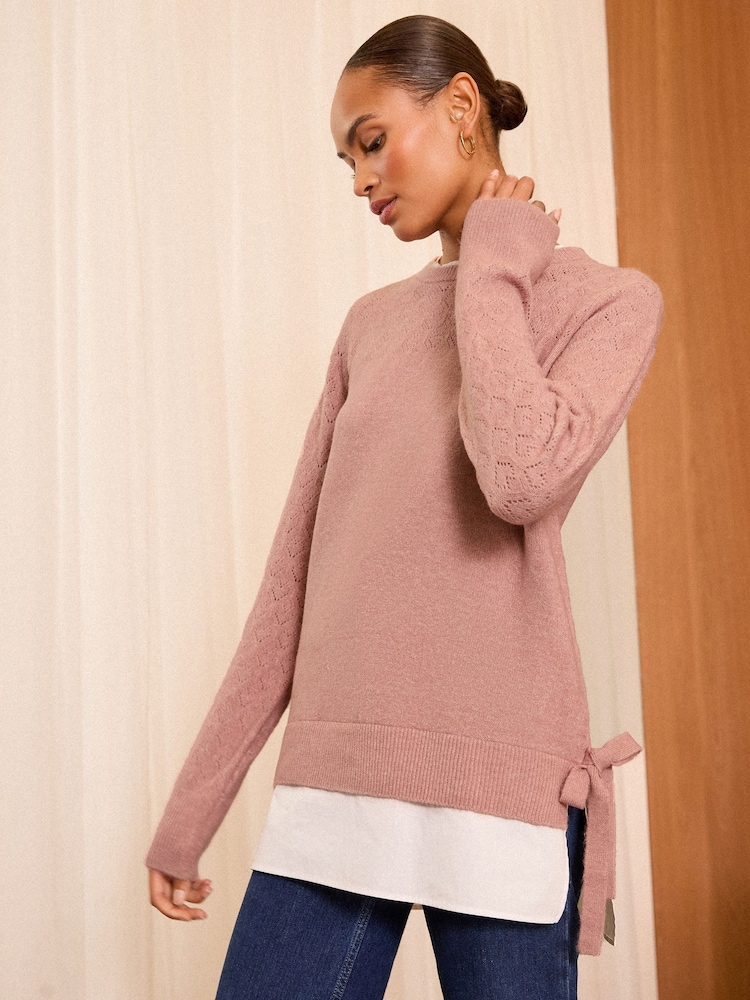 Love & Roses Pink 2 in 1 Shirt Bobble Stitch Knitted Jumper - Image 1 of 4