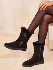 Friends Like These Black Wide Fit Low Wedge Double Buckle Faux Suede Calf Boots - Image 1 of 4