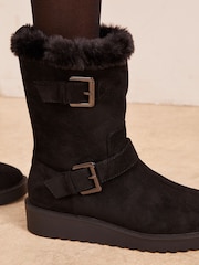 Friends Like These Black Wide Fit Low Wedge Double Buckle Faux Suede Calf Boots - Image 2 of 4