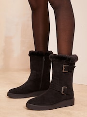Friends Like These Black Wide Fit Low Wedge Double Buckle Faux Suede Calf Boots - Image 4 of 4