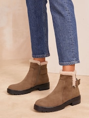 Friends Like These Brown Standard fit Flat Buckle Detail Casual Faux Suede Chelsea Boots - Image 3 of 4