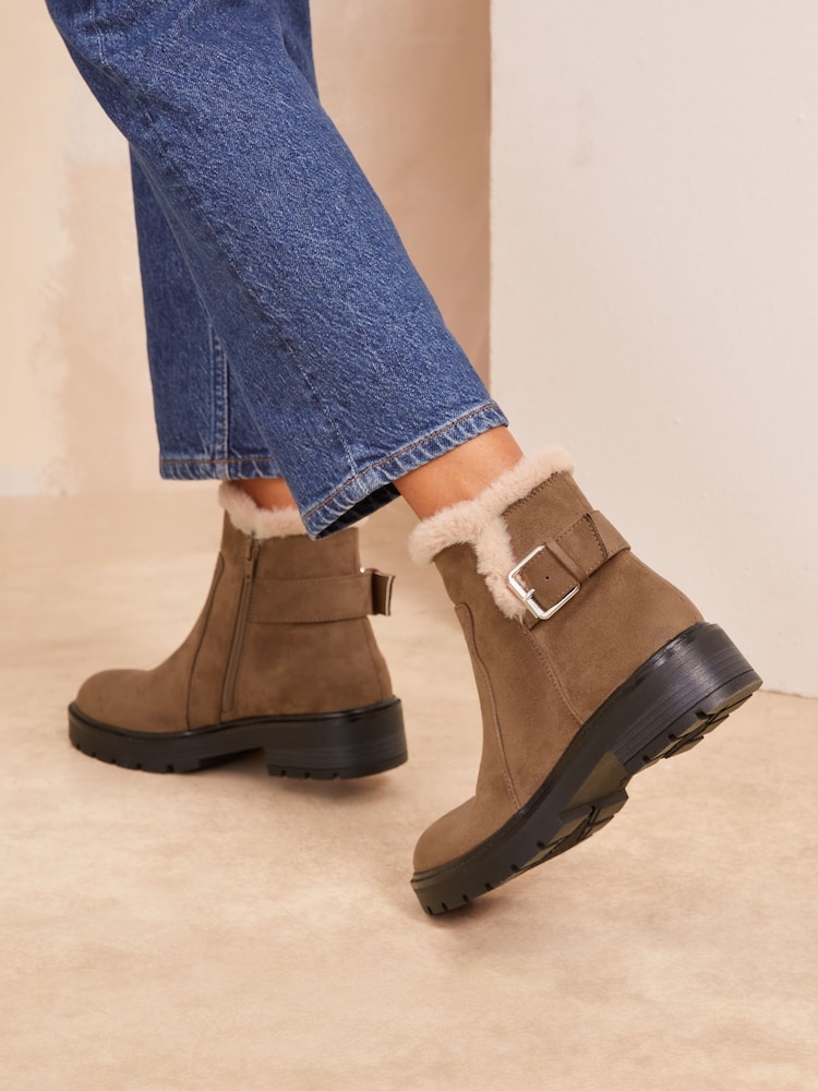 Friends Like These Brown Standard fit Flat Buckle Detail Casual Faux Suede Chelsea Boots - Image 4 of 4