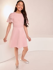 Lipsy Pink 2in1 Flutter Sleeve Lace Occasion Dress (5-16yrs) - Image 2 of 4