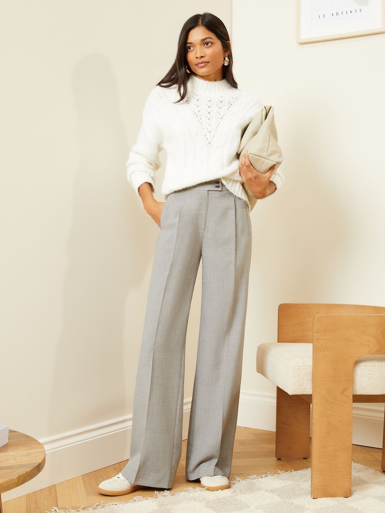 Love & Roses Grey Petite High Waist Wide Leg Tailored Trousers - Image 2 of 4 Love & Roses Grey Petite High Waist Wide Leg Tailored Trousers - Image 2 of 4