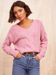 Friends Like These Pink V-Neck Pointelle Stitch Detail Jumper - Image 1 of 1