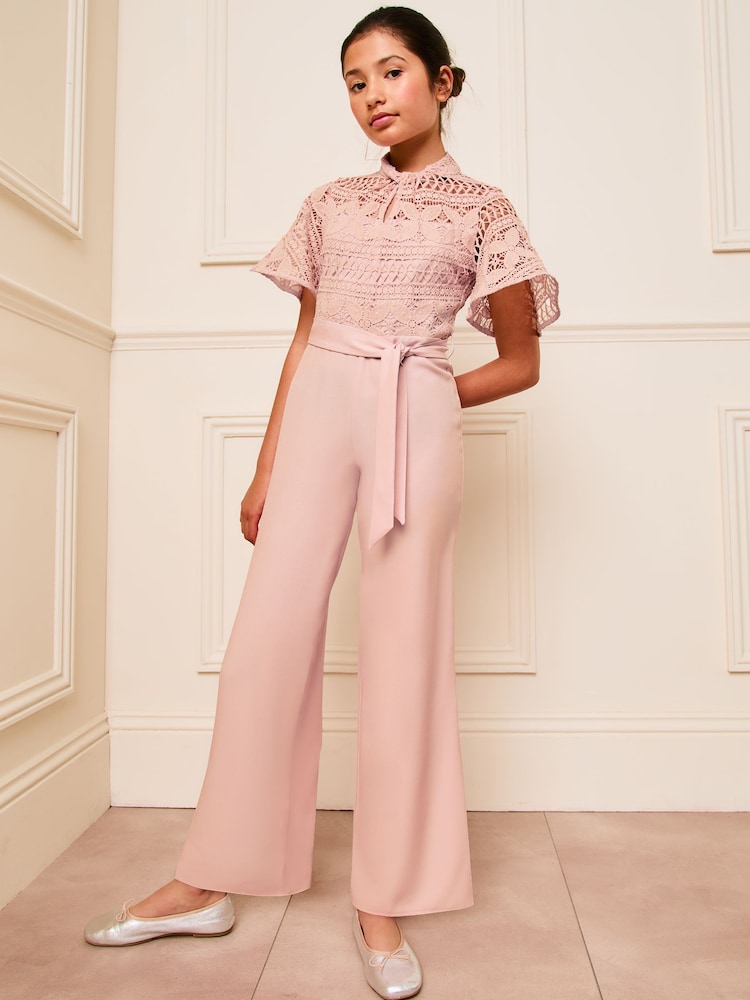 Lipsy Pink 2-in-1 Flutter Sleeve Lace Occasion Jumpsuit (5-16yrs) - Image 1 of 4