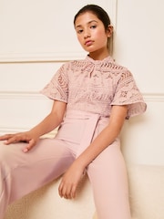 Lipsy Pink 2-in-1 Flutter Sleeve Lace Occasion Jumpsuit (5-16yrs) - Image 2 of 4