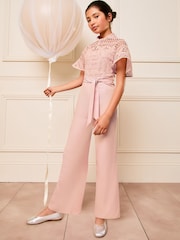 Lipsy Pink 2-in-1 Flutter Sleeve Lace Occasion Jumpsuit (5-16yrs) - Image 3 of 4