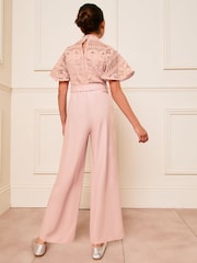 Lipsy Pink 2-in-1 Flutter Sleeve Lace Occasion Jumpsuit (5-16yrs) - Image 4 of 4