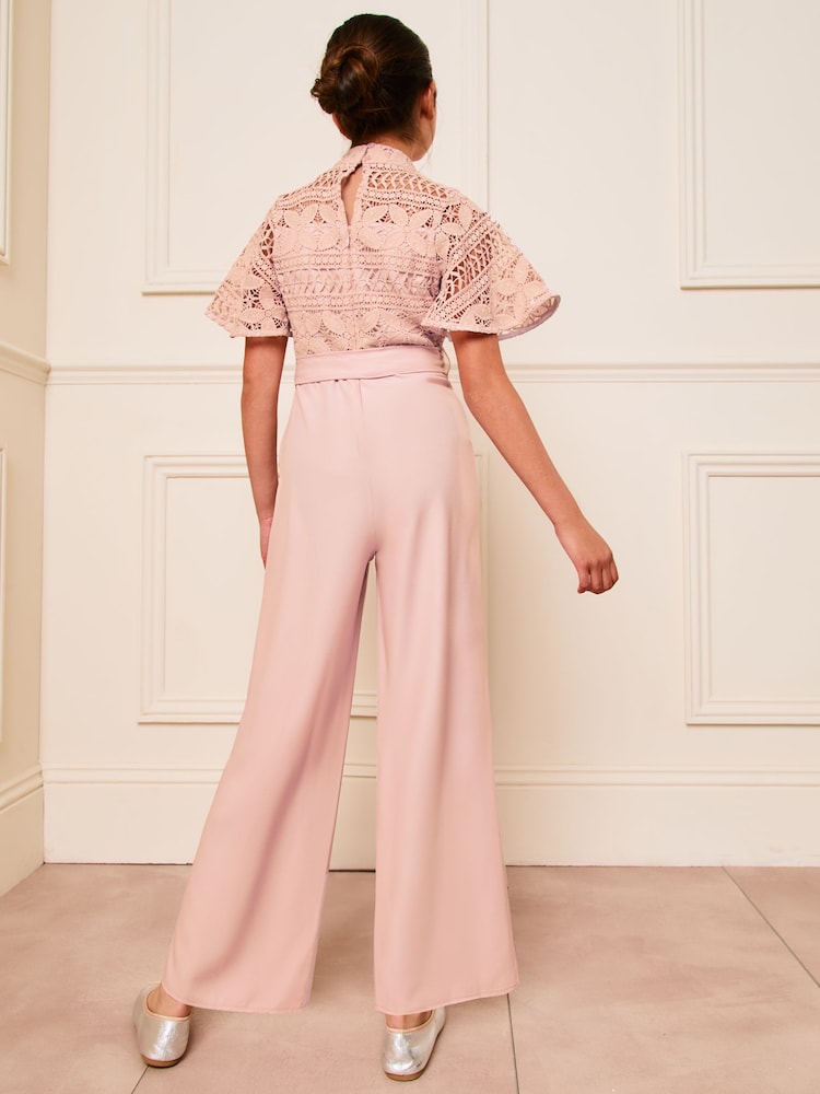 Lipsy Pink 2-in-1 Flutter Sleeve Lace Occasion Jumpsuit (5-16yrs) - Image 4 of 4